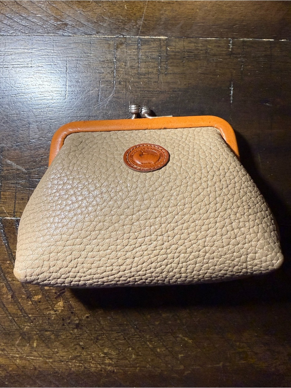 Vintage Dooney & Bourke Coin Purse Kiss Lock AWL Leather Duck Logo Taupe